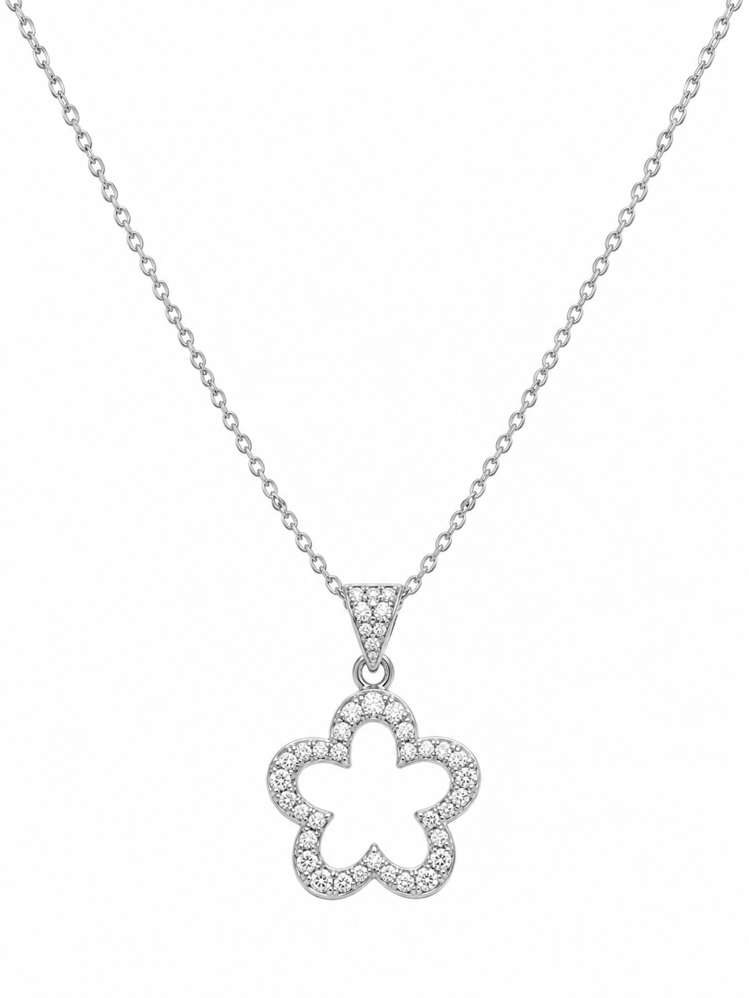 Colgante flor calada de cinco pétalos en oro blanco de 18K con circonitas; la cadena mostrada no está incluida