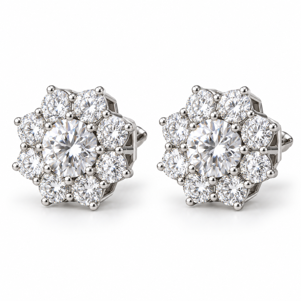 Vista frontal de pendientes de roseta de oro blanco con diamantes