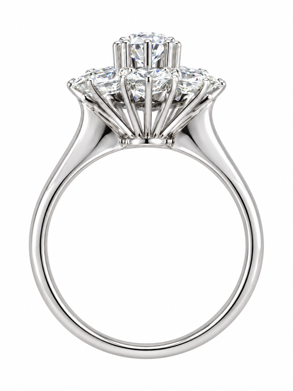Vista lateral de anillo de roseta en oro blanco con montura de diamantes