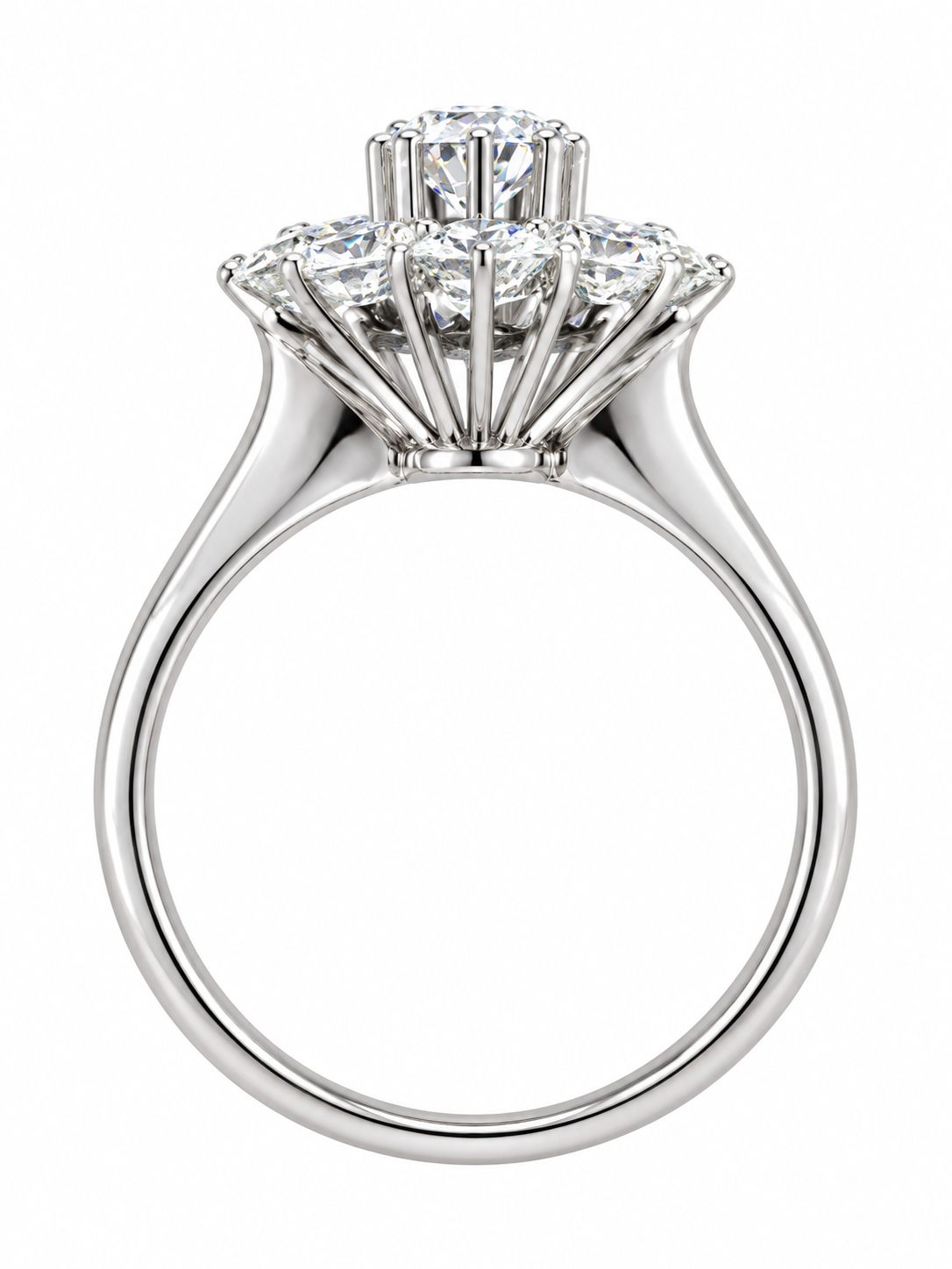 Vista lateral de anillo de roseta en oro blanco con montura de diamantes