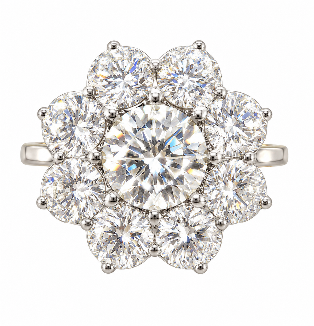 Vista frontal de anillo de roseta en oro blanco con diamantes