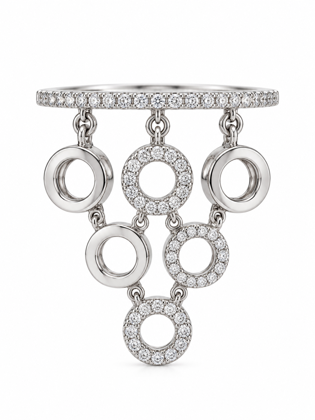 Anillo de oro blanco con círculos colgantes pulidos y adornados con diamantes