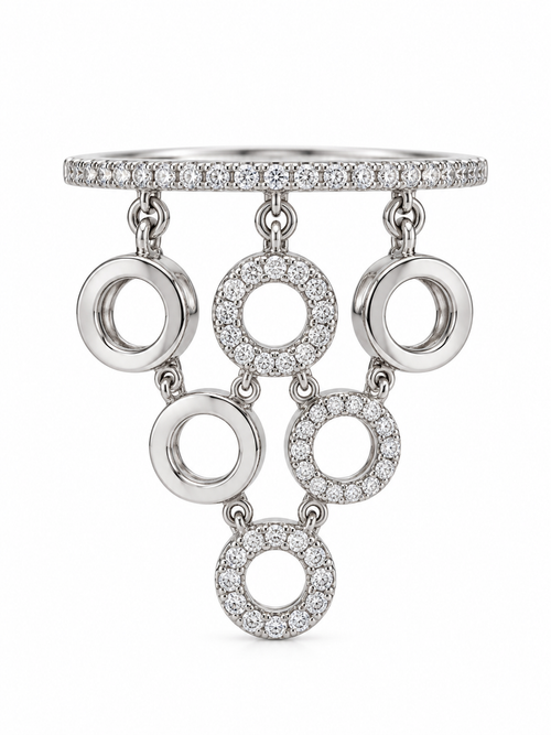 Anillo de oro blanco con círculos colgantes pulidos y adornados con diamantes