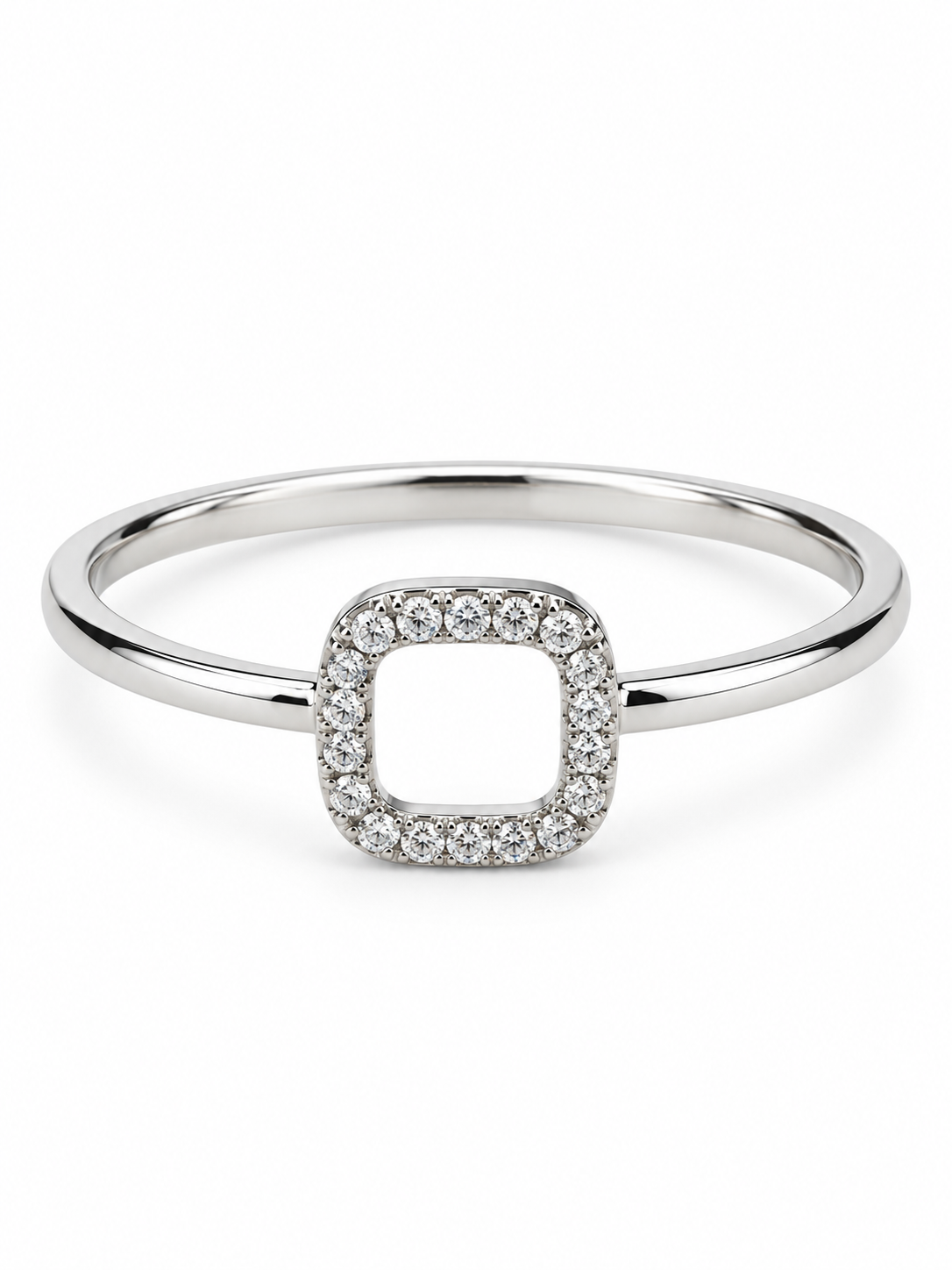 Anillo de oro blanco con un cuadrado abierto de esquinas redondeadas perfilado con diamantes