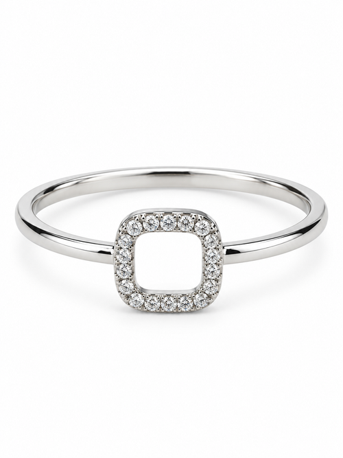 Anillo de oro blanco con un cuadrado abierto de esquinas redondeadas perfilado con diamantes