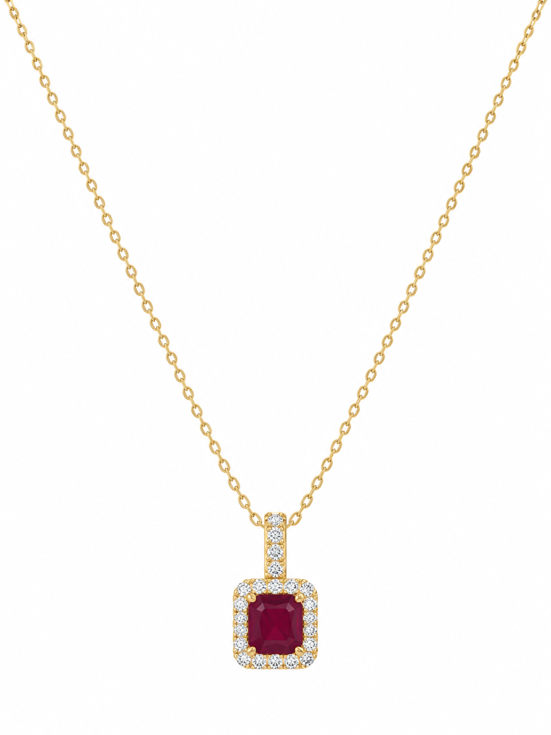 Collar con cadena de oro y colgante de rubí rectangular rodeado de diamantes