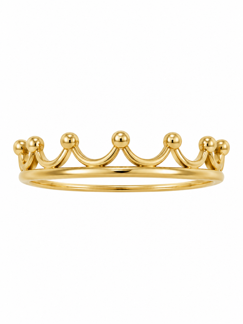 Anillo corona en oro amarillo de 18K con arcos calados y pequeñas esferas de acabado brillante