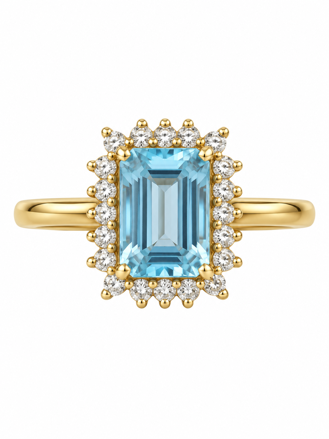 Anillo en oro de 18K con aguamarina azul rectangular rodeada por un halo de diamantes de 0,10 ct