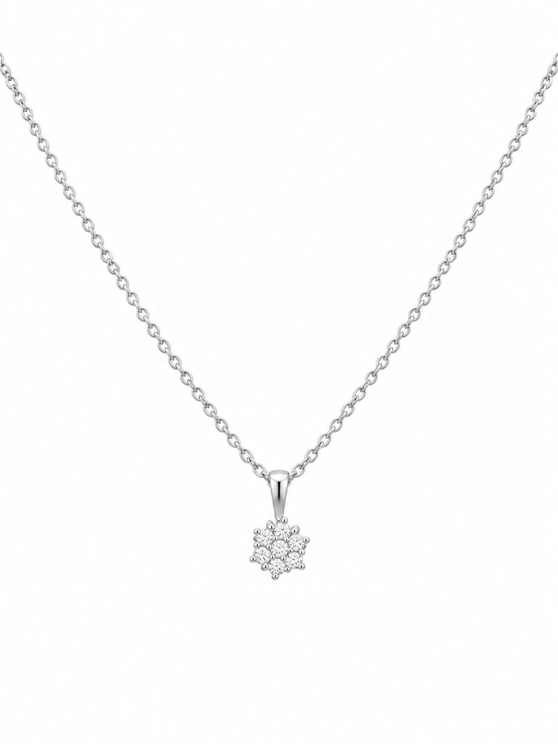 Collar de cadena fina en oro blanco de 18K con pequeño colgante de diamantes en forma de roseta