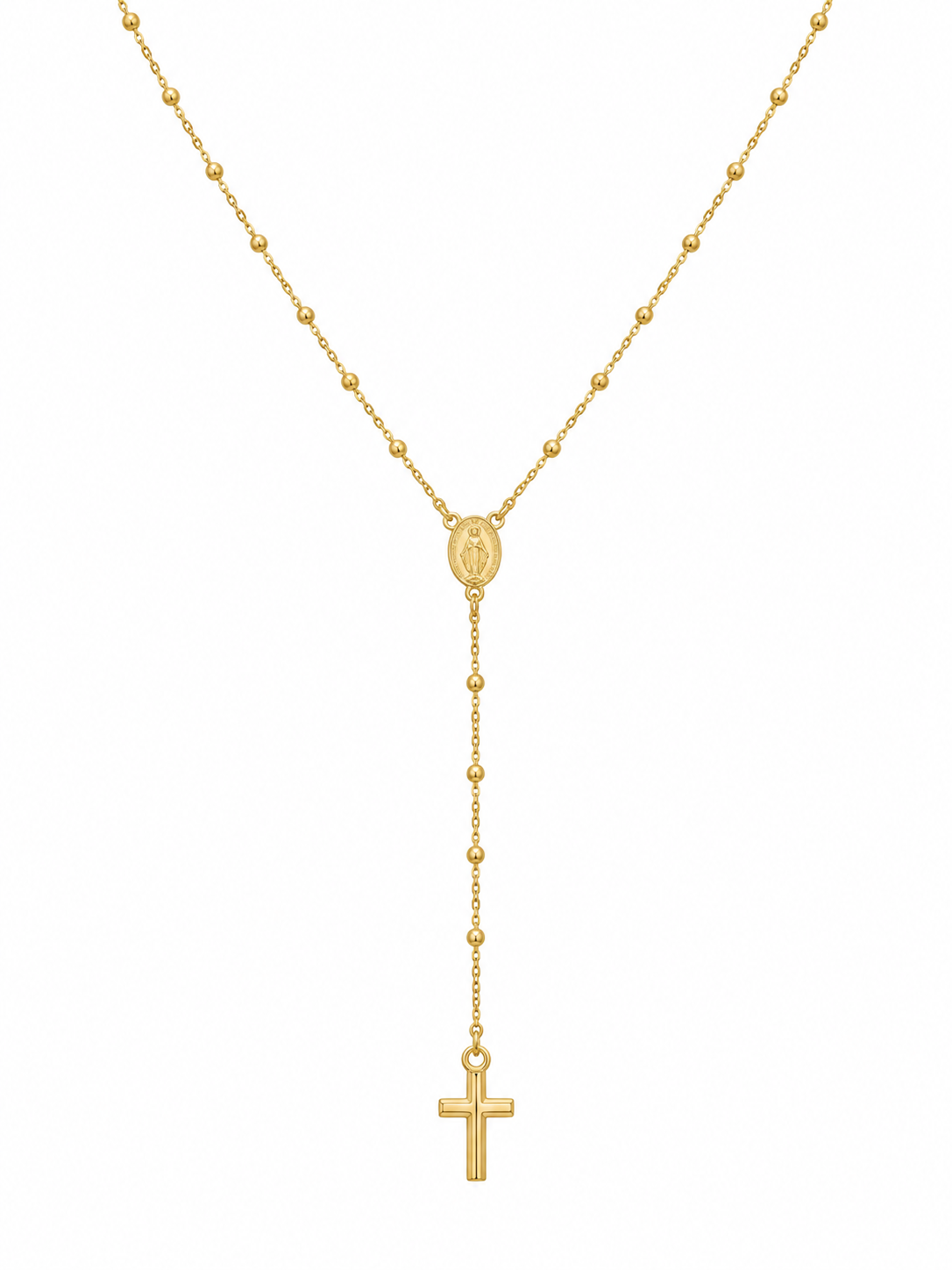 Collar rosario de oro con cuentas intercaladas, medalla ovalada central y caída con cruz