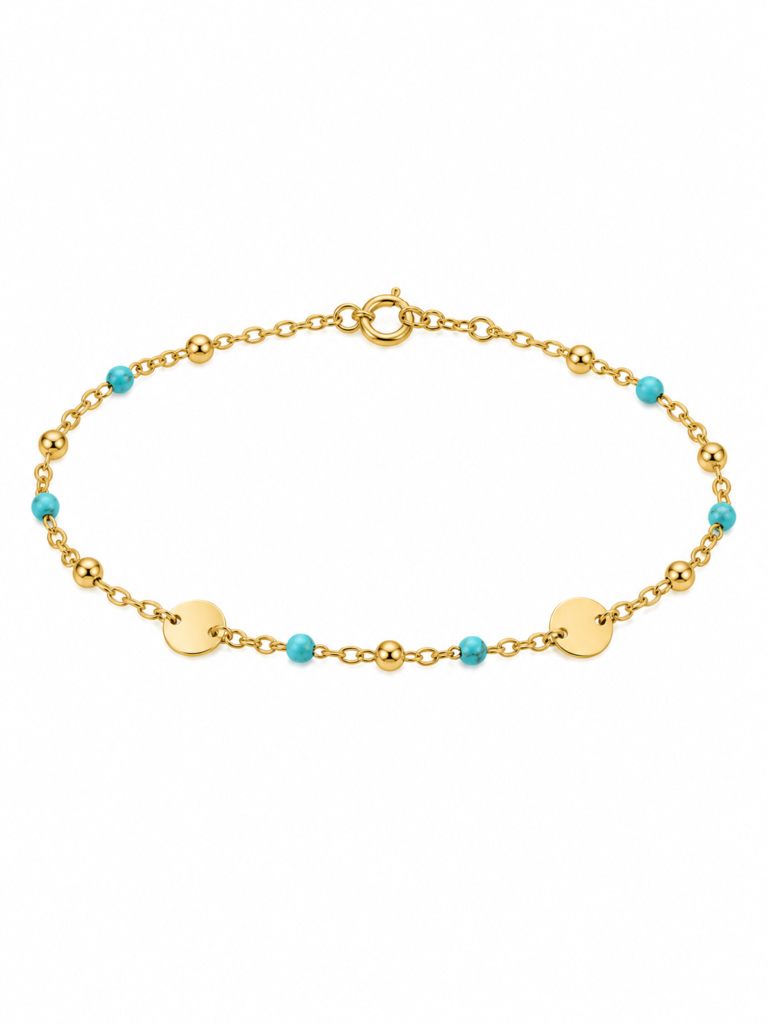 Pulsera de oro de 18k con bolitas de turquesa, bolitas de oro y detalles circulares