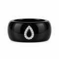 Anillo de banda ancha de cerámica negra con motivo de gota adornado con diamantes