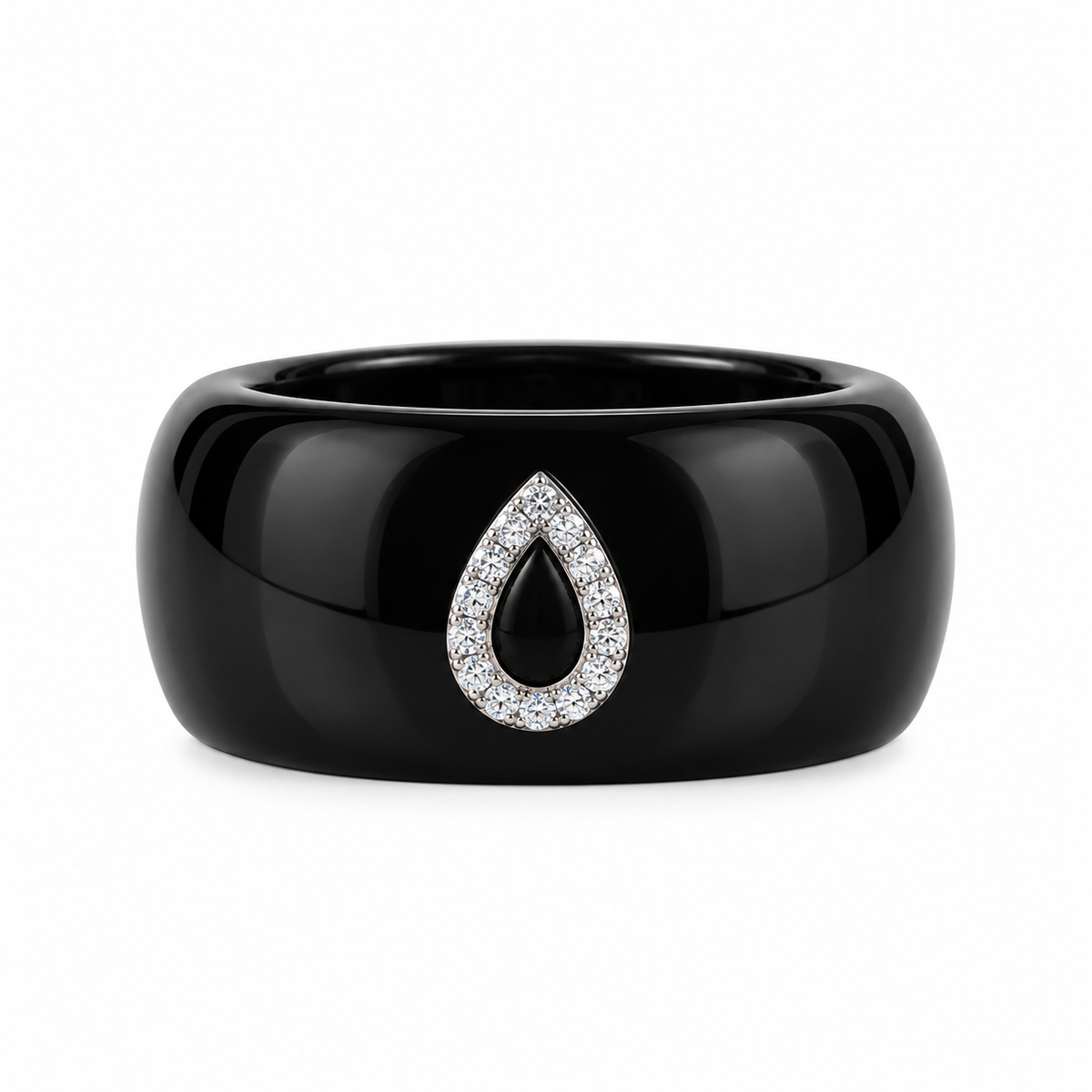 Anillo de banda ancha de cerámica negra con motivo de gota adornado con diamantes