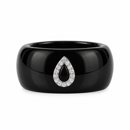 Anillo de banda ancha de cerámica negra con motivo de gota adornado con diamantes