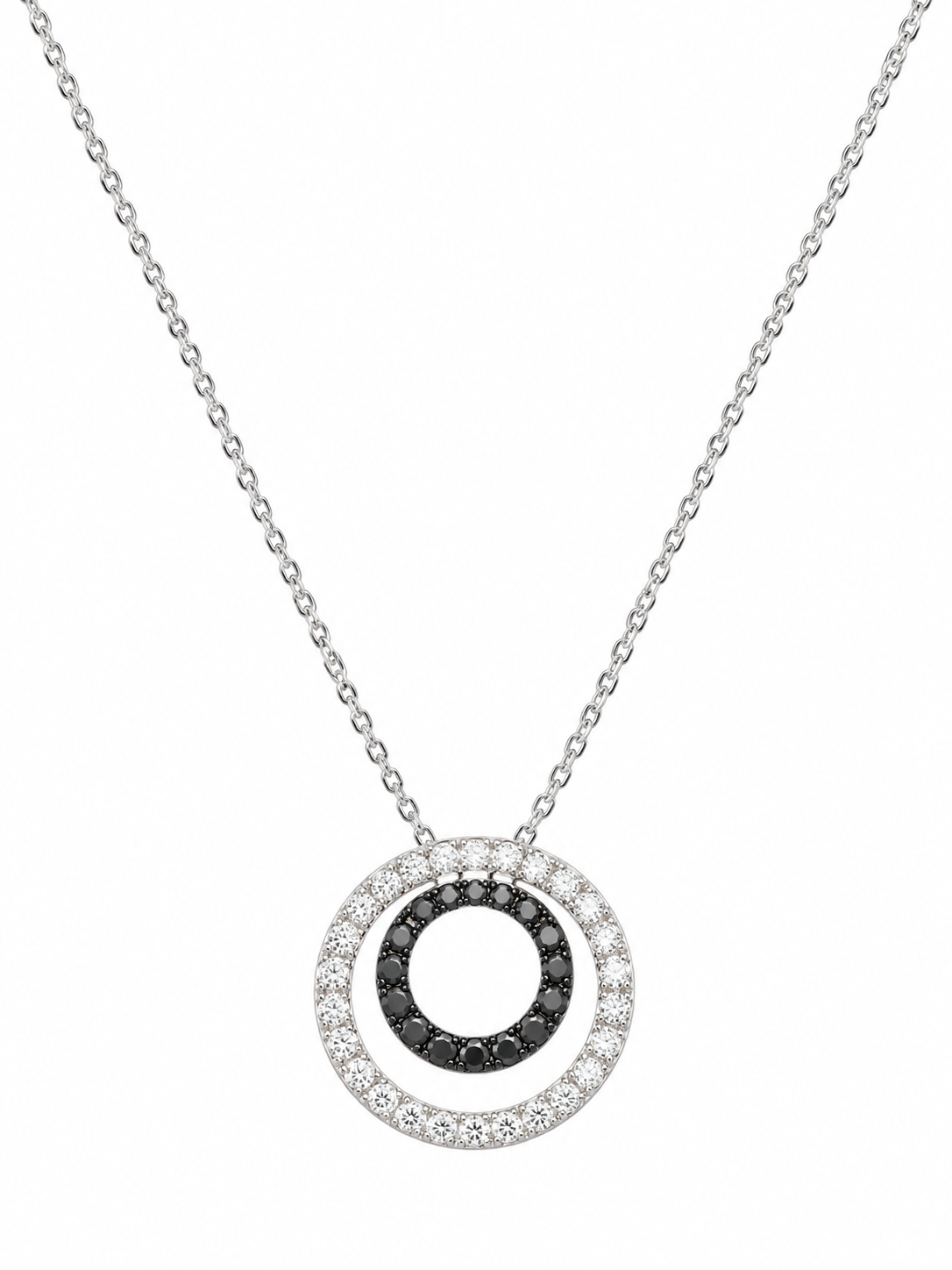 Collar en oro blanco de 18k con dos círculos adornados con diamantes blancos y negros