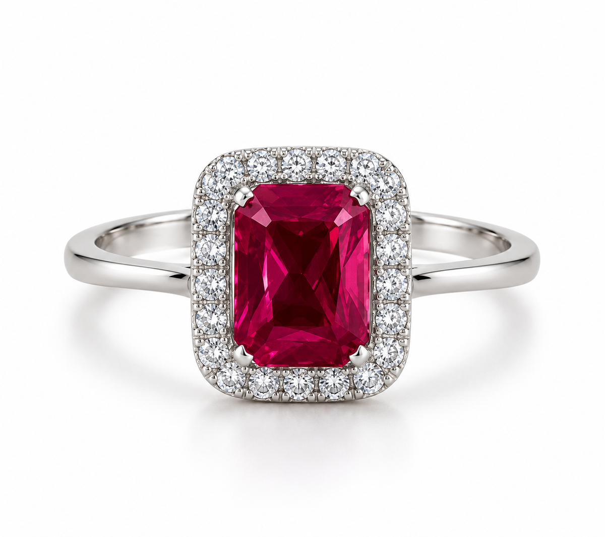Anillo de oro blanco con rubí central rectangular rodeado de circonitas