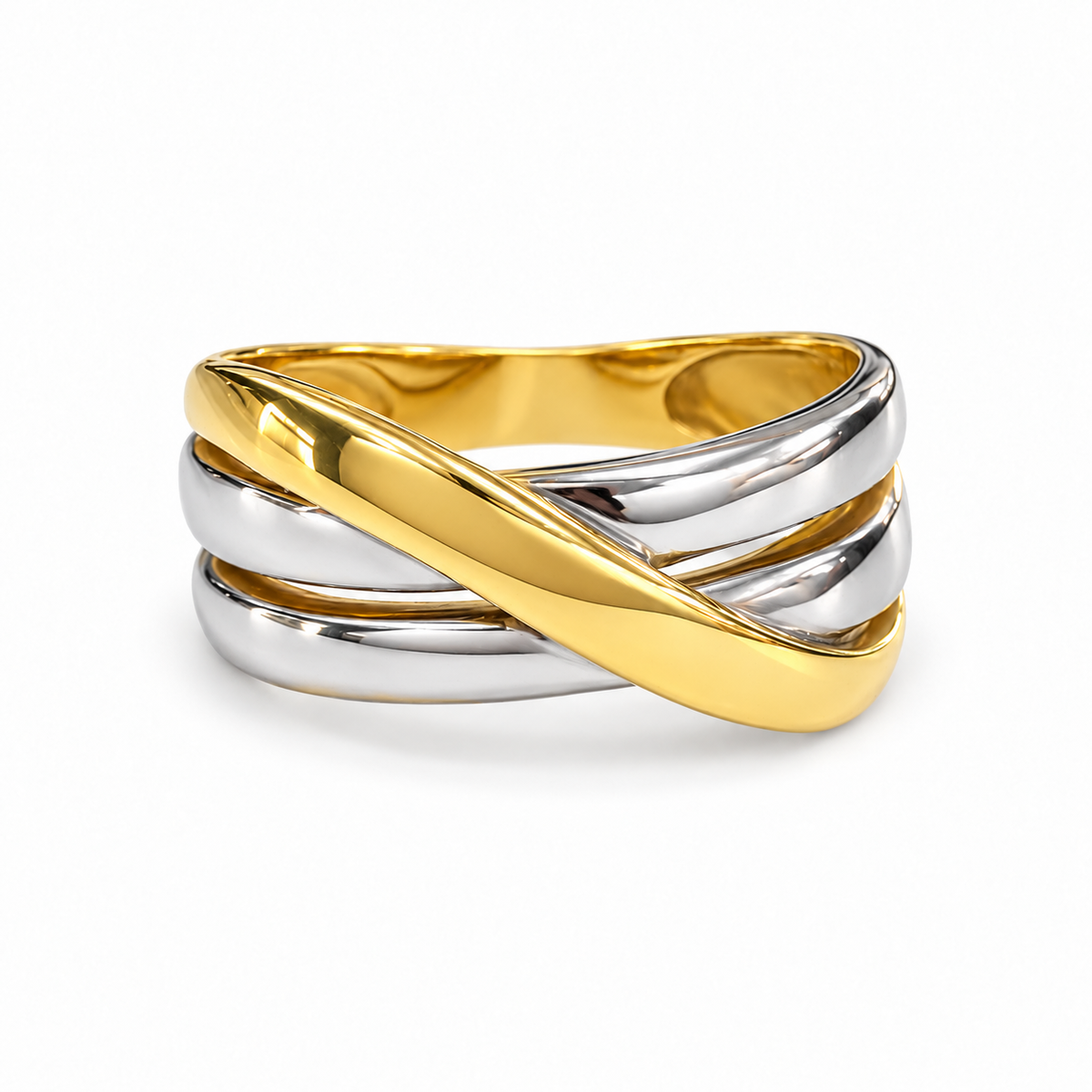 Anillo cruzado de oro blanco y amarillo de 18K · Electroforming